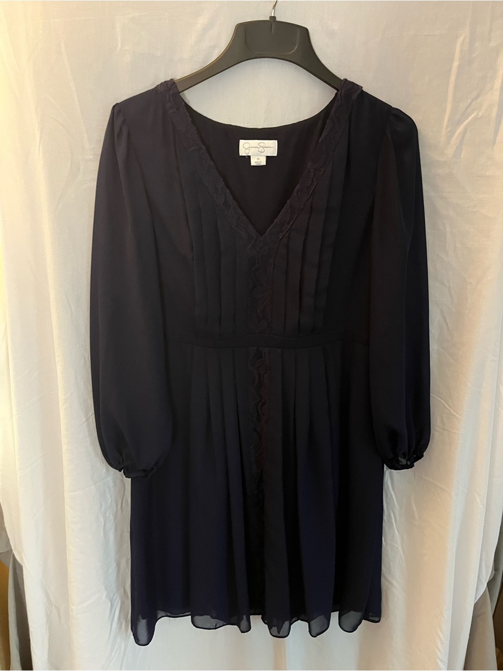 Navy V-Neck Pleated Long-Sleeve Dress, Jessica Simpson